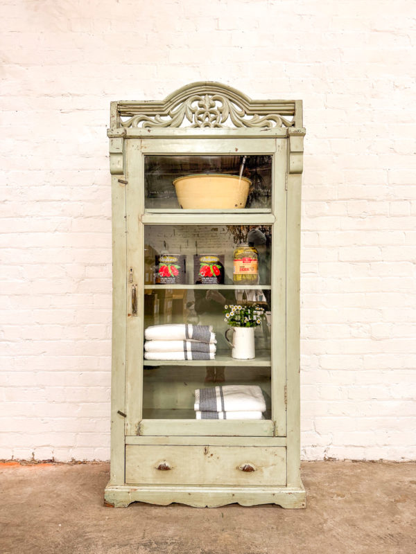 Original Duck Egg Blue Ornate Display Cabinet w/drawer